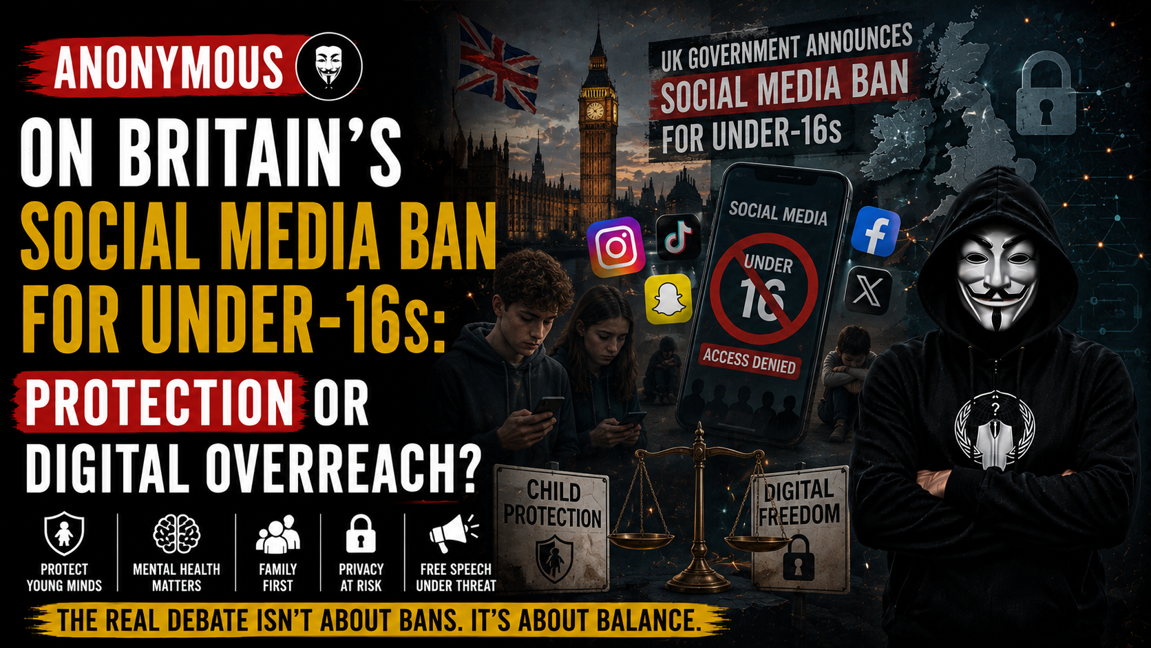Anonymous on Britain Social Media Ban for Under-16: Protection or Digital Overreach?